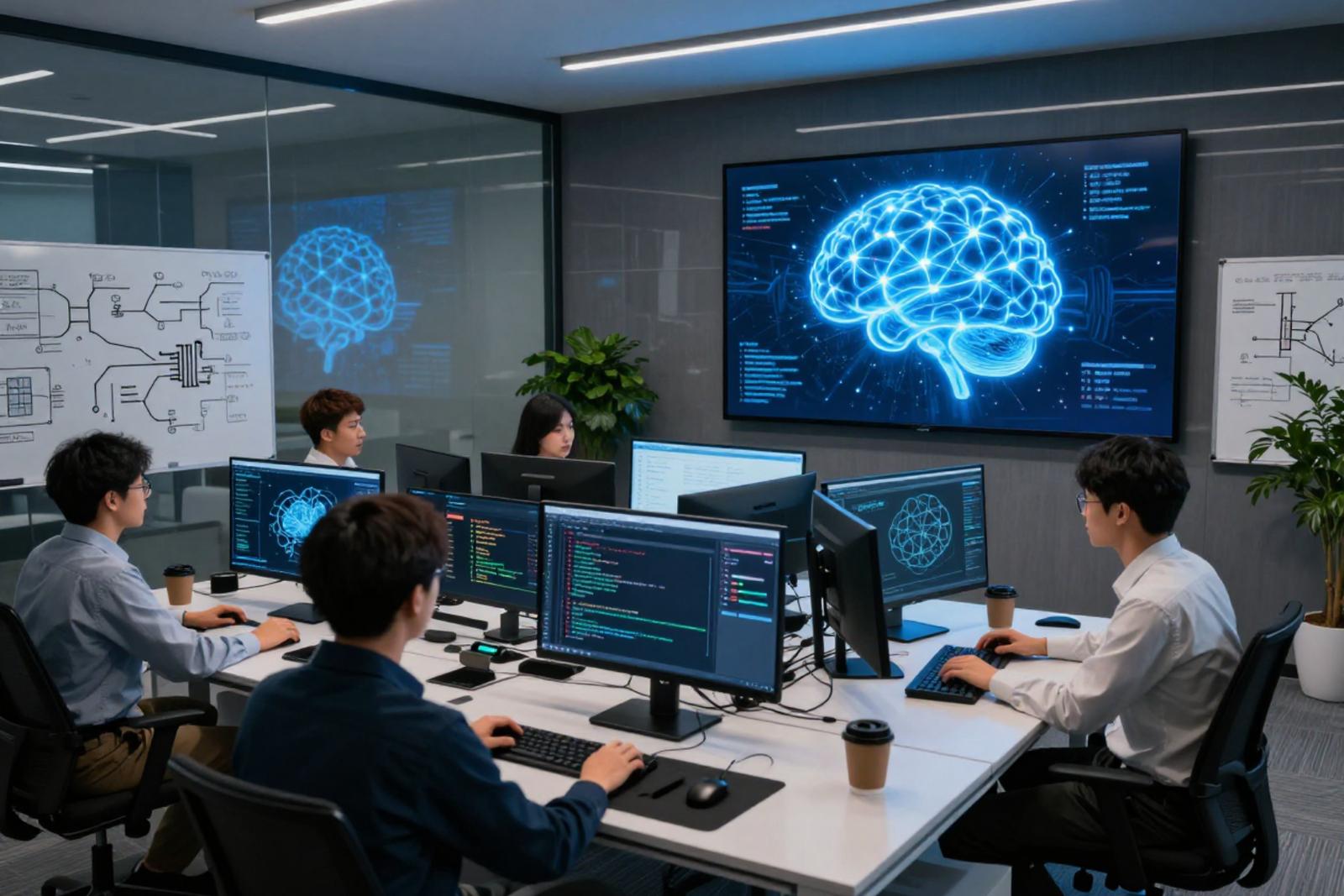 SayNeel engineering team collaborating around an AI systems dashboard in the office